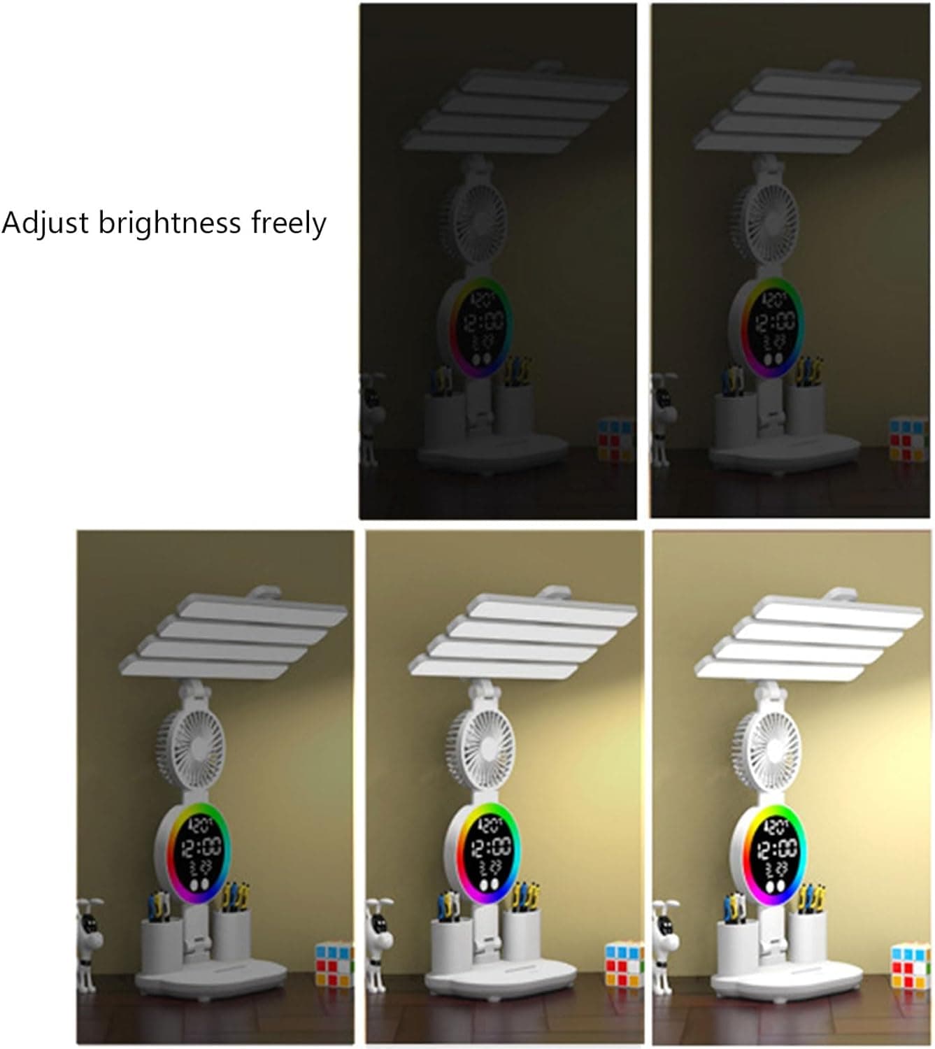 Акумуляторна LED лампа / Настільна лампа з 4 плафонами, RGB-підсвічуванням, годинником та вентилятором