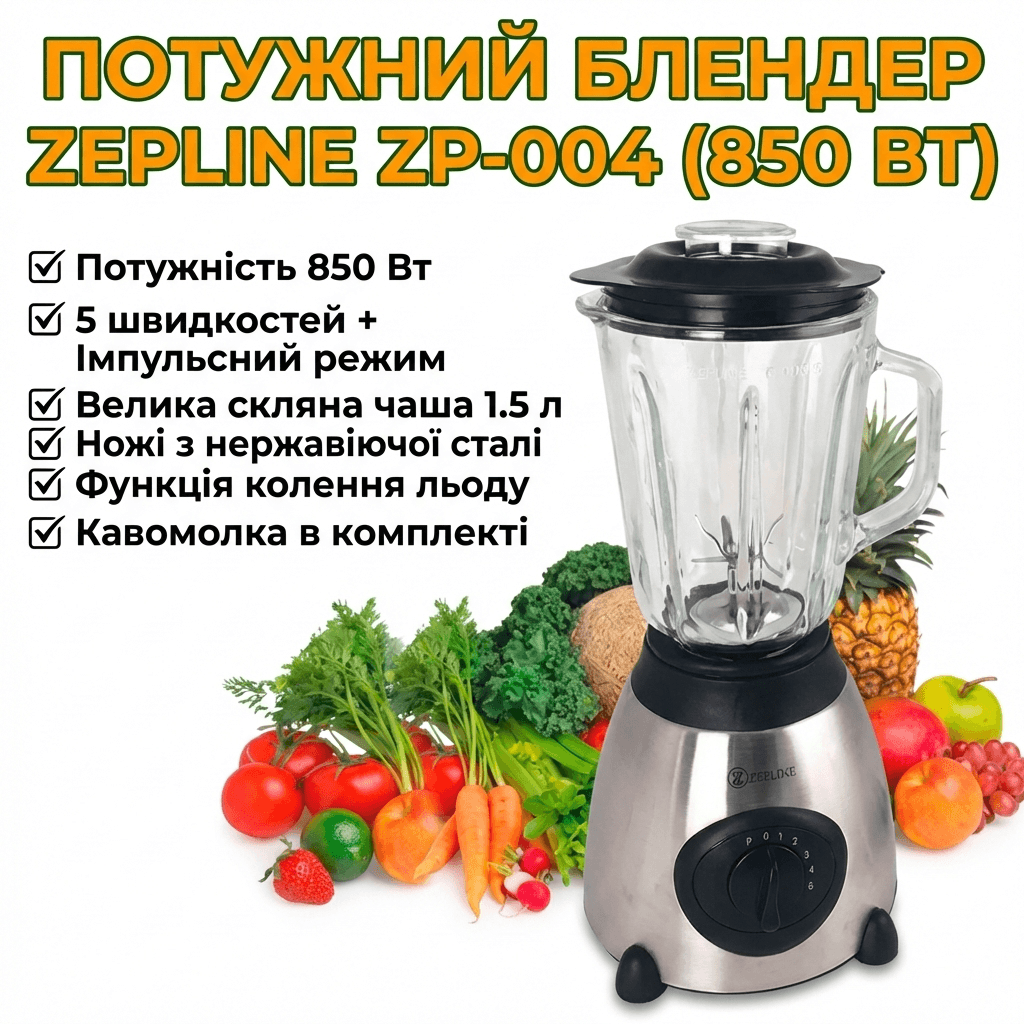 УЦЕНКА! Блендер стационарный Zepline ZP-004. Блендер с измельчителем 850w (Плохая упаковка 3399)