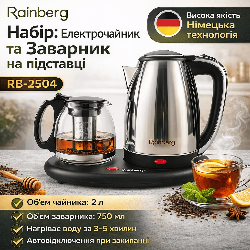 РОЗПРОДАЖ! Комплект електрочайник із заварником на підставці Rainberg RB-2504 (Погана упаковка, вм'ятина 3409)