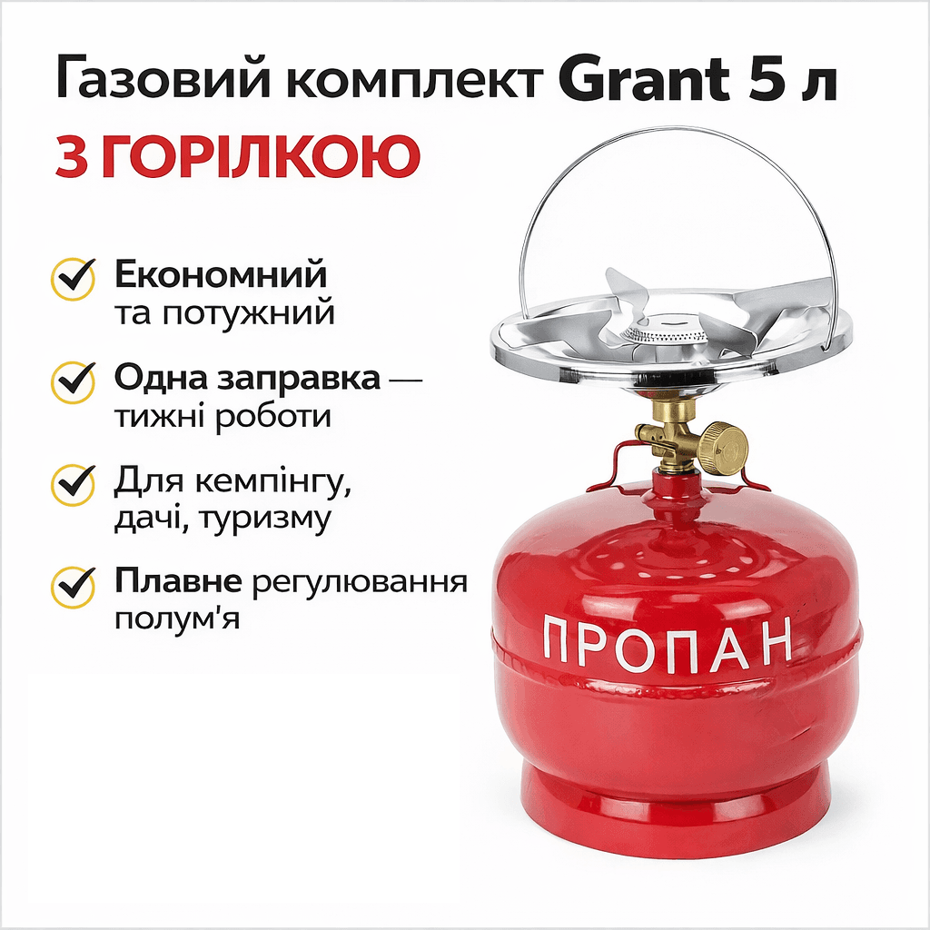 РОЗПРОДАЖ! Комплект газовий кемпінговий Grant 5л з горілкою (Погана упаковка, заржавіла ручка 3428)