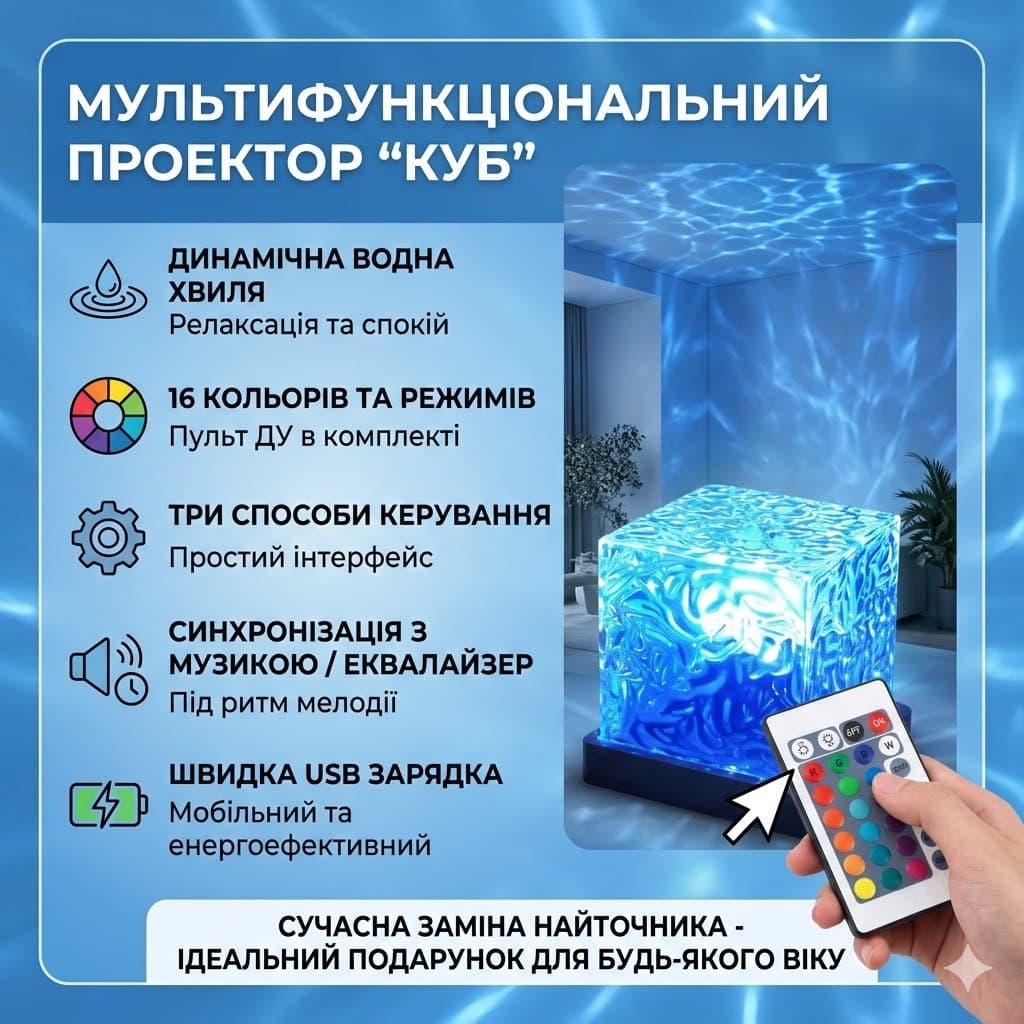 РОЗПРОДАЖ! Нічник-проектор КУБ з проекцією води Настільна RGB лампа (Пошкодження на корпусі 3474)
