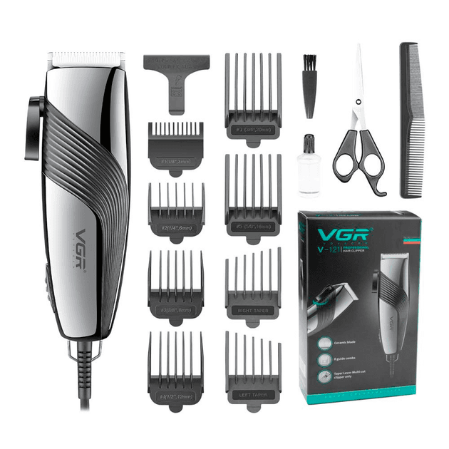 Машинка для стрижки волос и бороды VGR Professional V-121, 8 насадок, ножницы, расческа, от сети 220