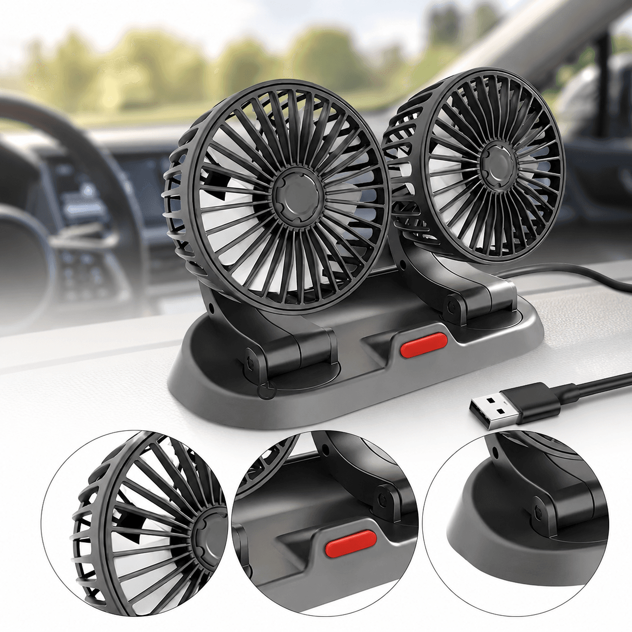 Автомобильный двойной вентилятор от USB / Вентилятор для авто 2 скорости 360° 5V