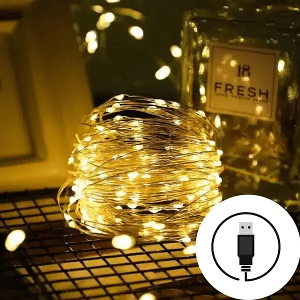 Новогодние гирлянды. Медная проволочная лампа 100LED 10м, Теплый