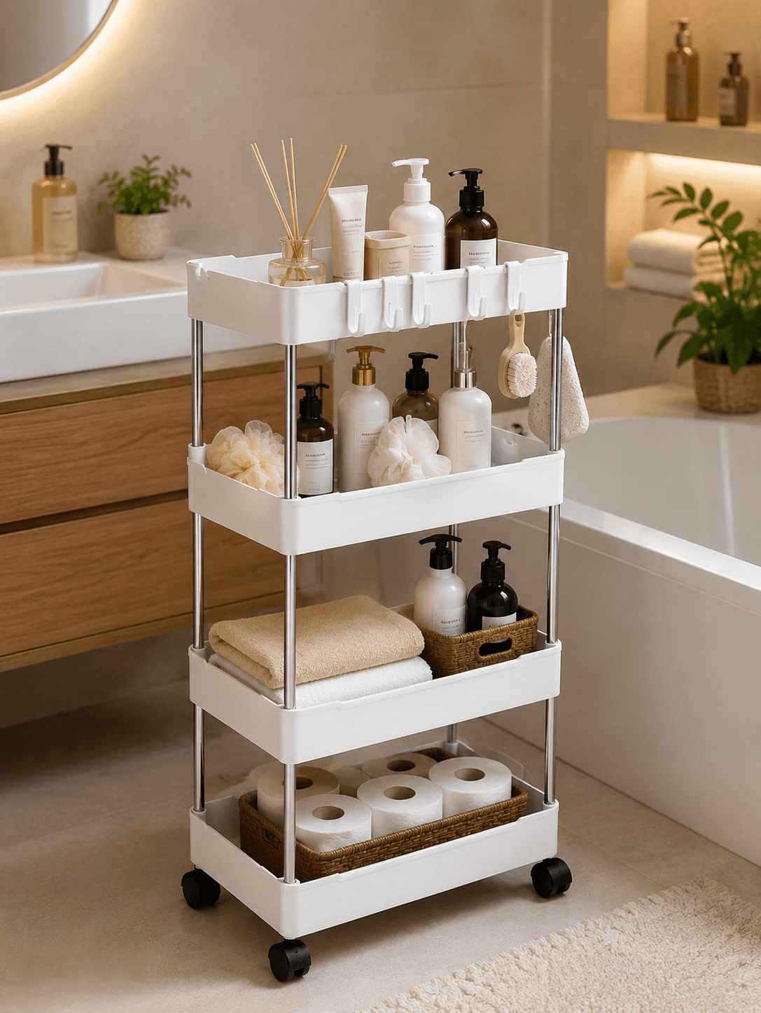 Этажерка на колесах 4 полки напольная белая Storage rack AND906