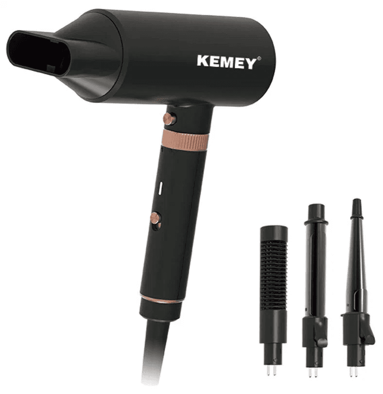 Фен для волосся Kemei KM-9203 4 насадки (концентратор, гребінець для вирівнювання волосся, насадка для локонів, конусна насадка)