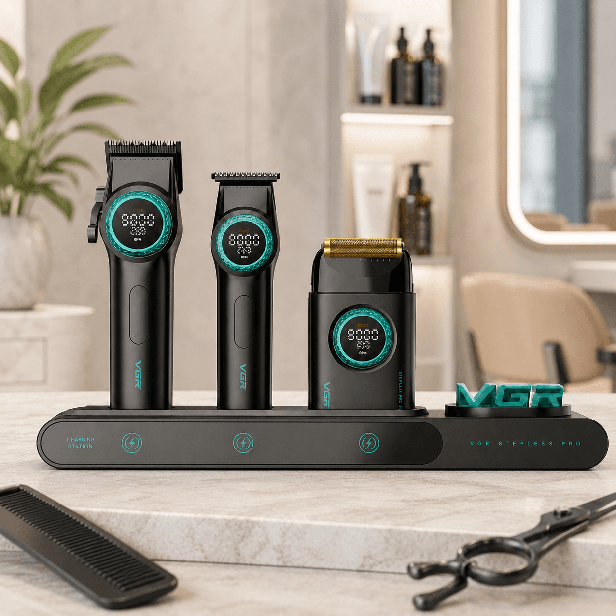 Профессиональный набор для барберов VGR Stepless Pro 3 in 1 BLACK / Мужской комплект для стрижки VGR