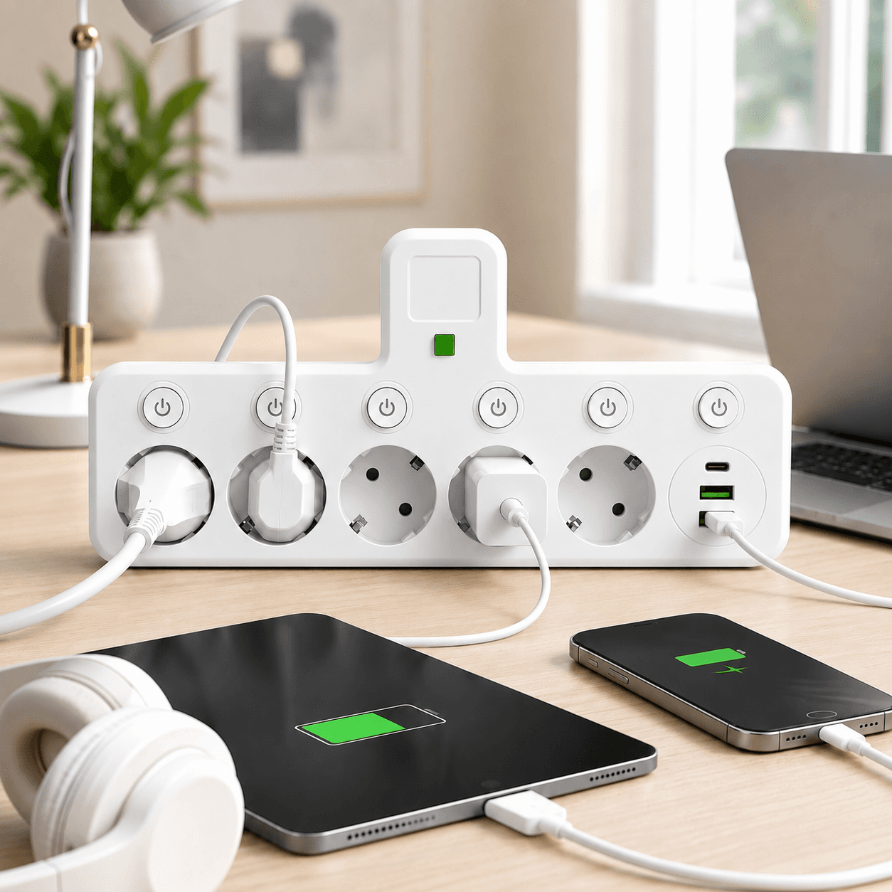 Мережевий фільтр 5 розеток + USB/адаптер на 5 розеток + USB з індивідуальними кнопками та LED-підсвічуванням Білий