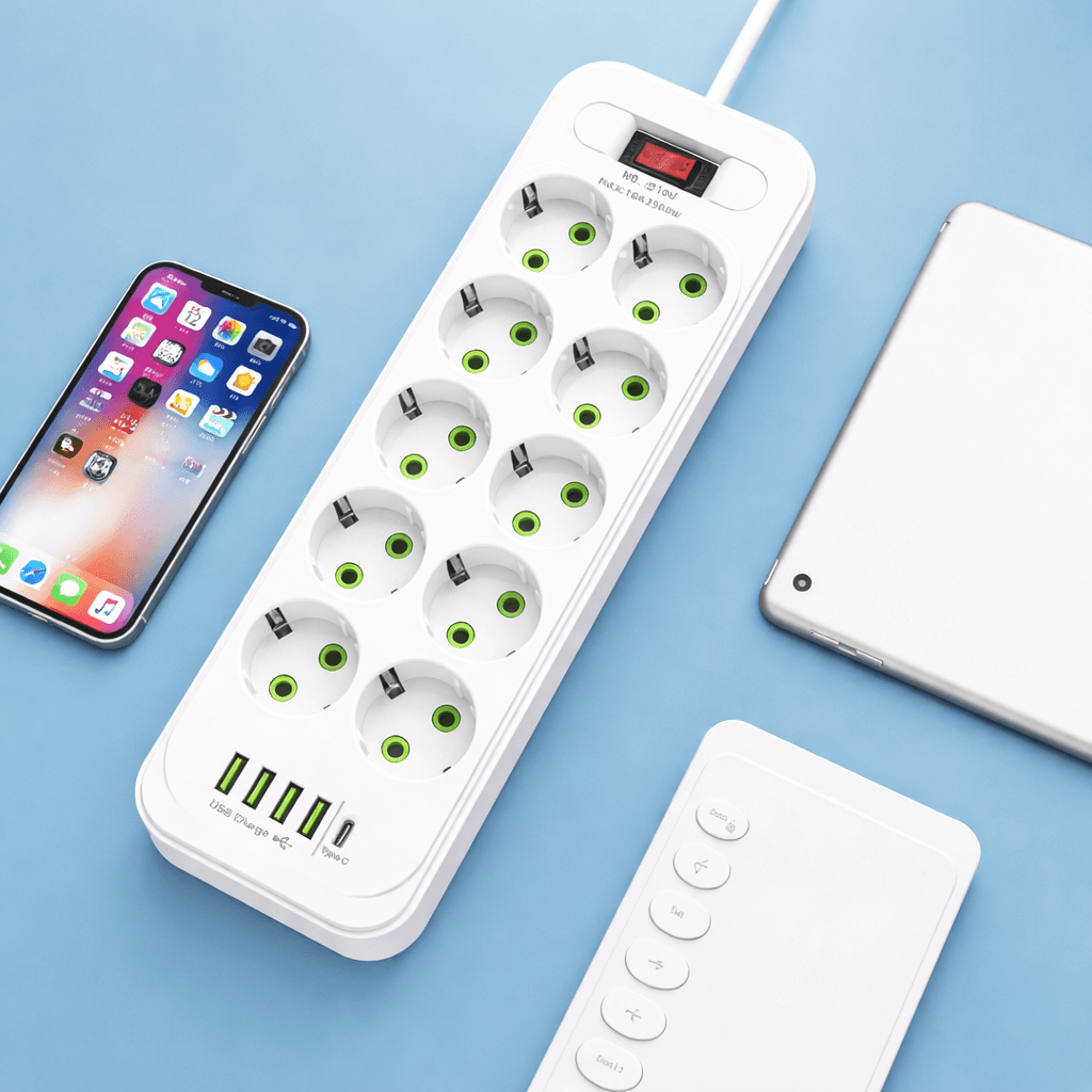 Удлинитель-переноска D10 10×220В+ 4×USB+ 1×Type-C 2500W 5 метров