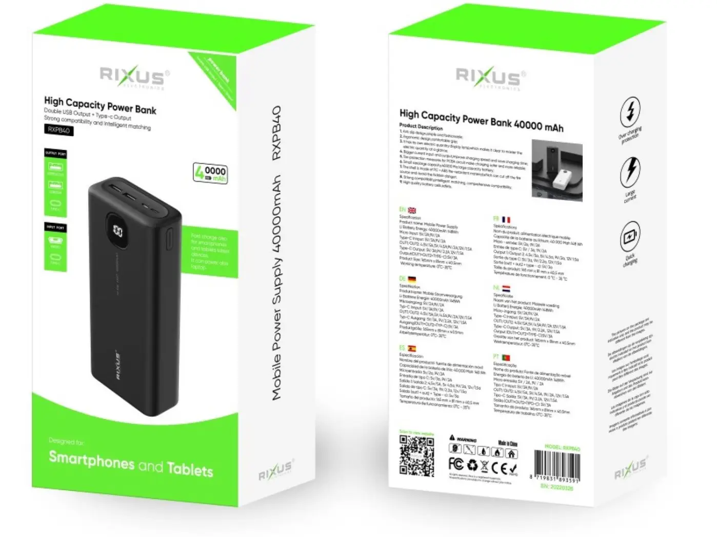 Повербанк Rixus RXPB40, 40000 mAh, 22.5W, с дисплеем
