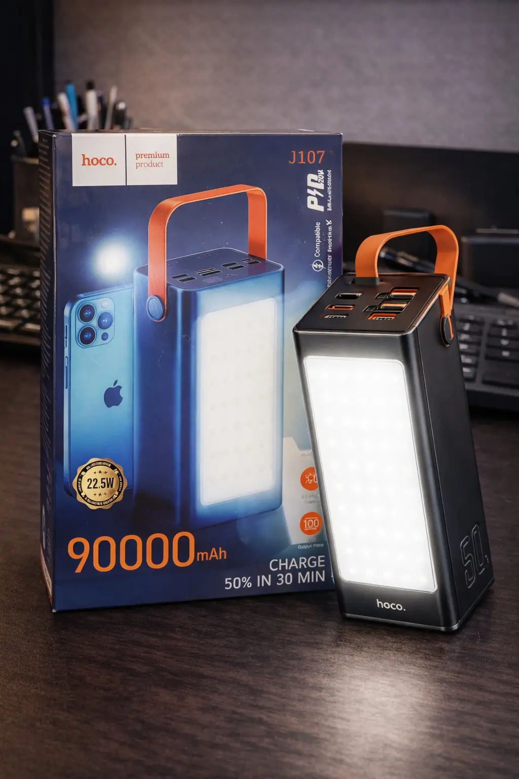 Повербанк з ліхтарем Hoco J107 Super 90000mAh 333Wh 22.5W PD20W, 4xUSB/Type-C/MicroUSB