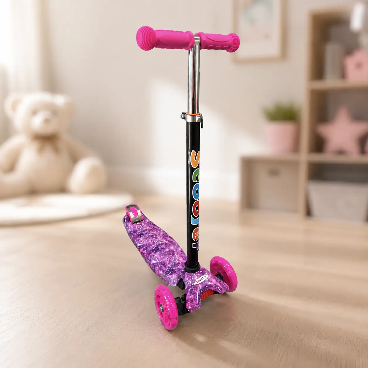 Kick Scooter with Light-Up Wheels for Girls and Boys, Pink