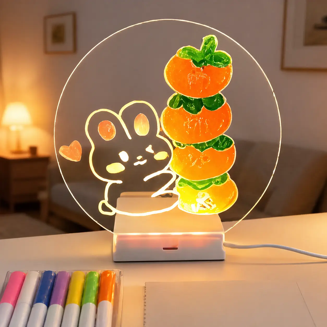 LED дошка для нотаток кругла, нічник-планшет для малювання + маркери
