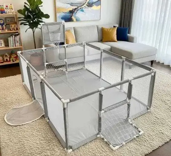 Kids playpen fence 125x125x63 cm with basketball hoop and toy pocket, gray