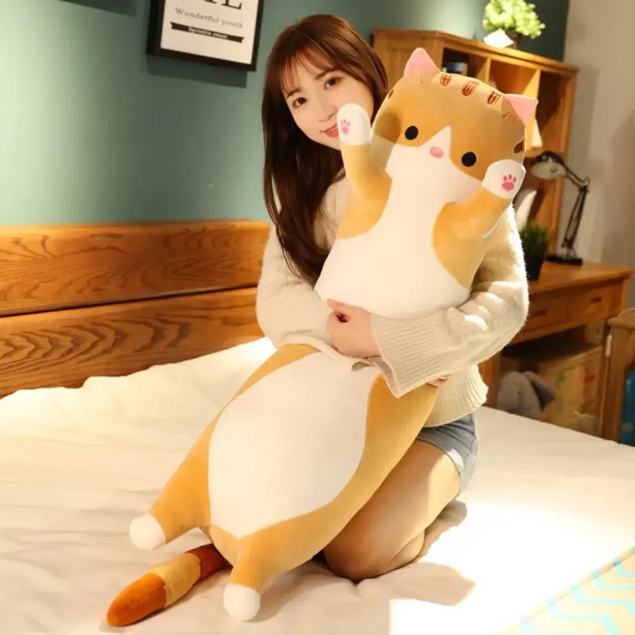 Plush Long Cat Pillow Toy 90 cm, Brown, Huggable