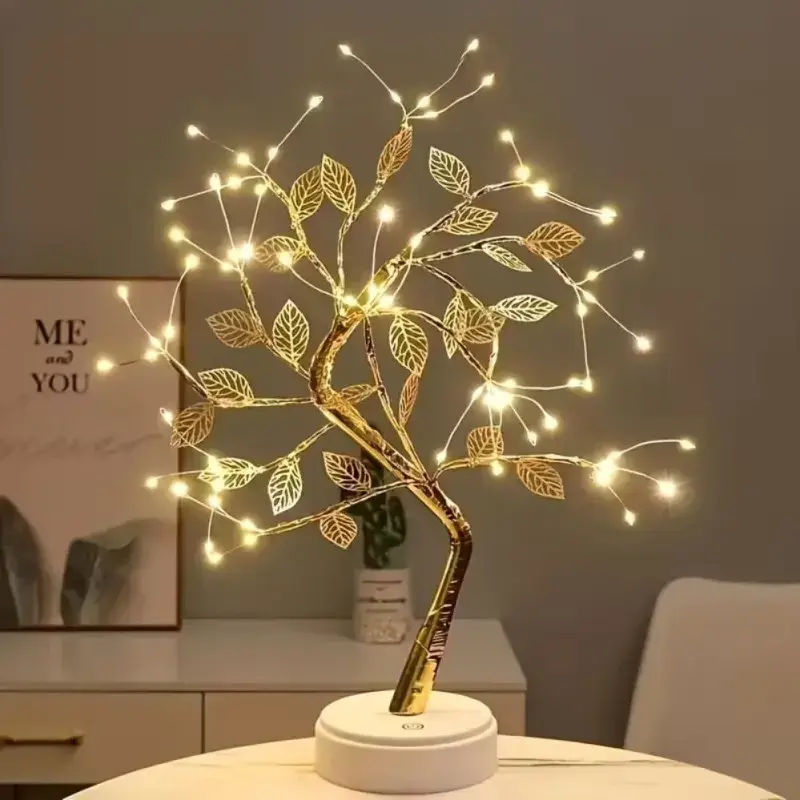 Table lamp Bonsai tree with leaves, warm-light night lamp, USB, 72 LED