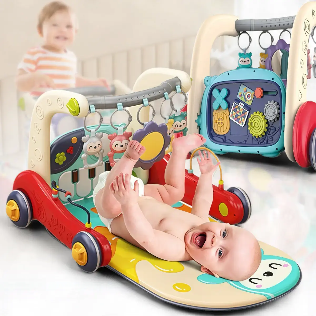 Baby walker 3-in-1 with musical busy board, light-up piano, and developmental play mat