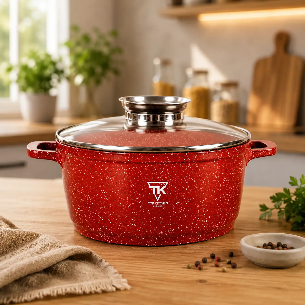 Червона Каструля Top Kitchen з мармуровим покриттям та скляною кришкою TK00051 20 см 2,1л