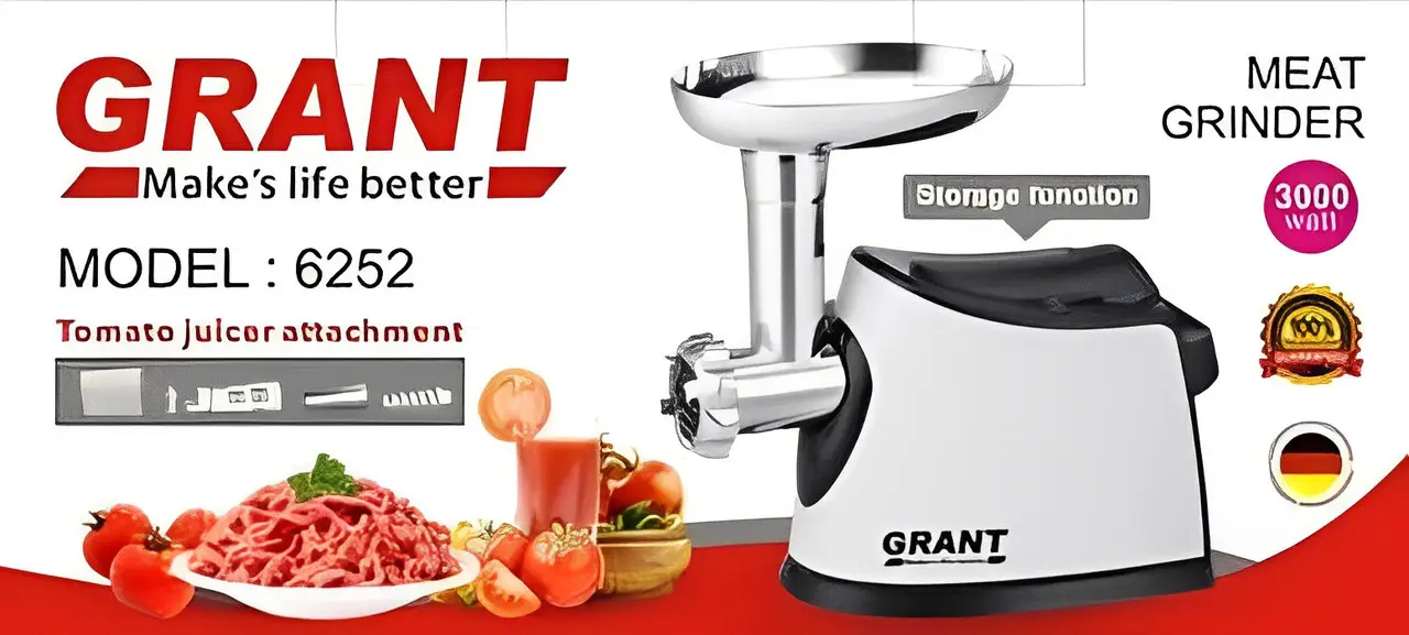 Мясорубка электрическая GRANT 6252 3000 Вт с соковыжималкой и насадкой для колбас, белая