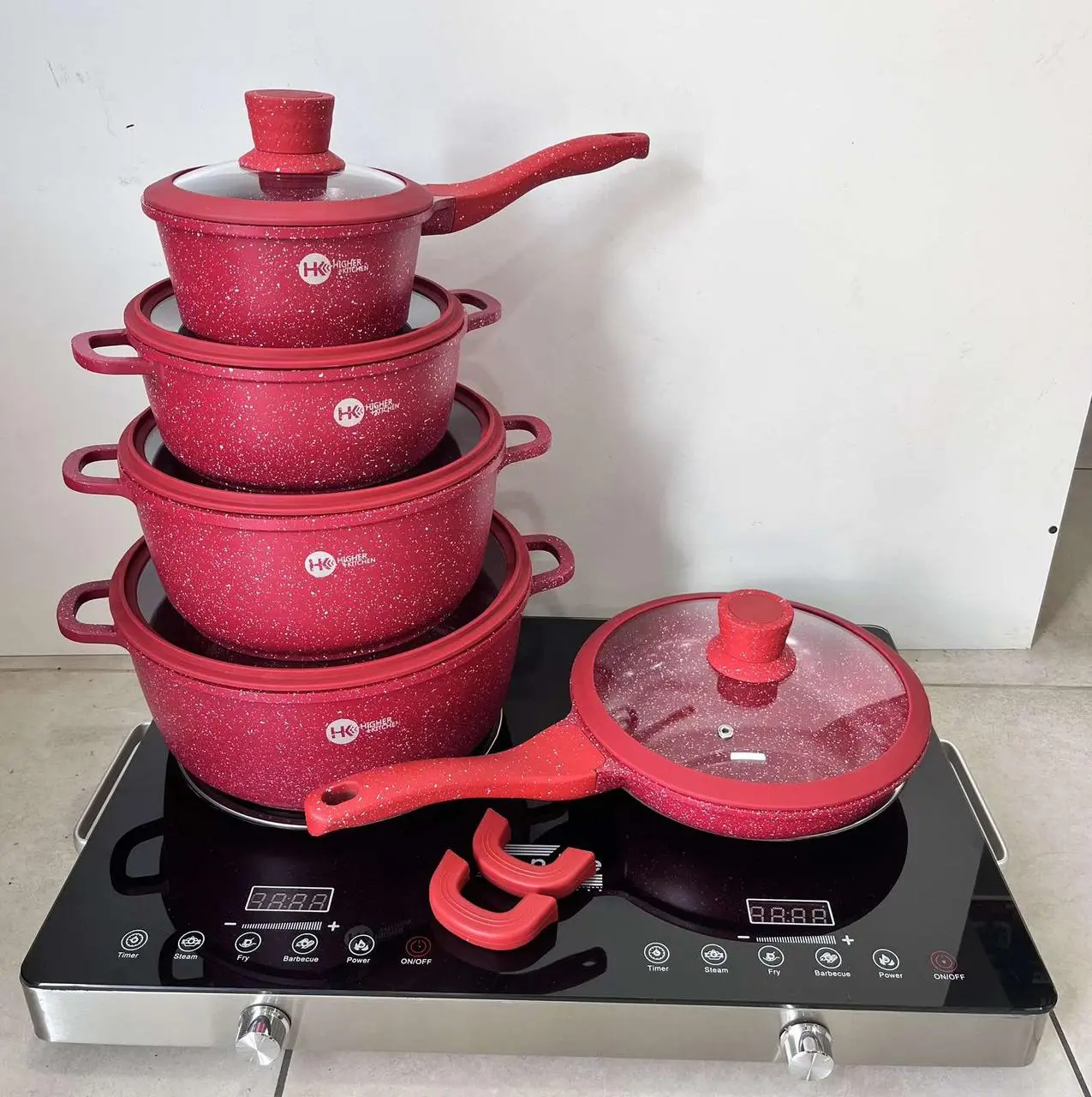 Набір каструль Higher Kitchen НК-316, 12 предметів, гранітне антипригарне покриття, червоний
