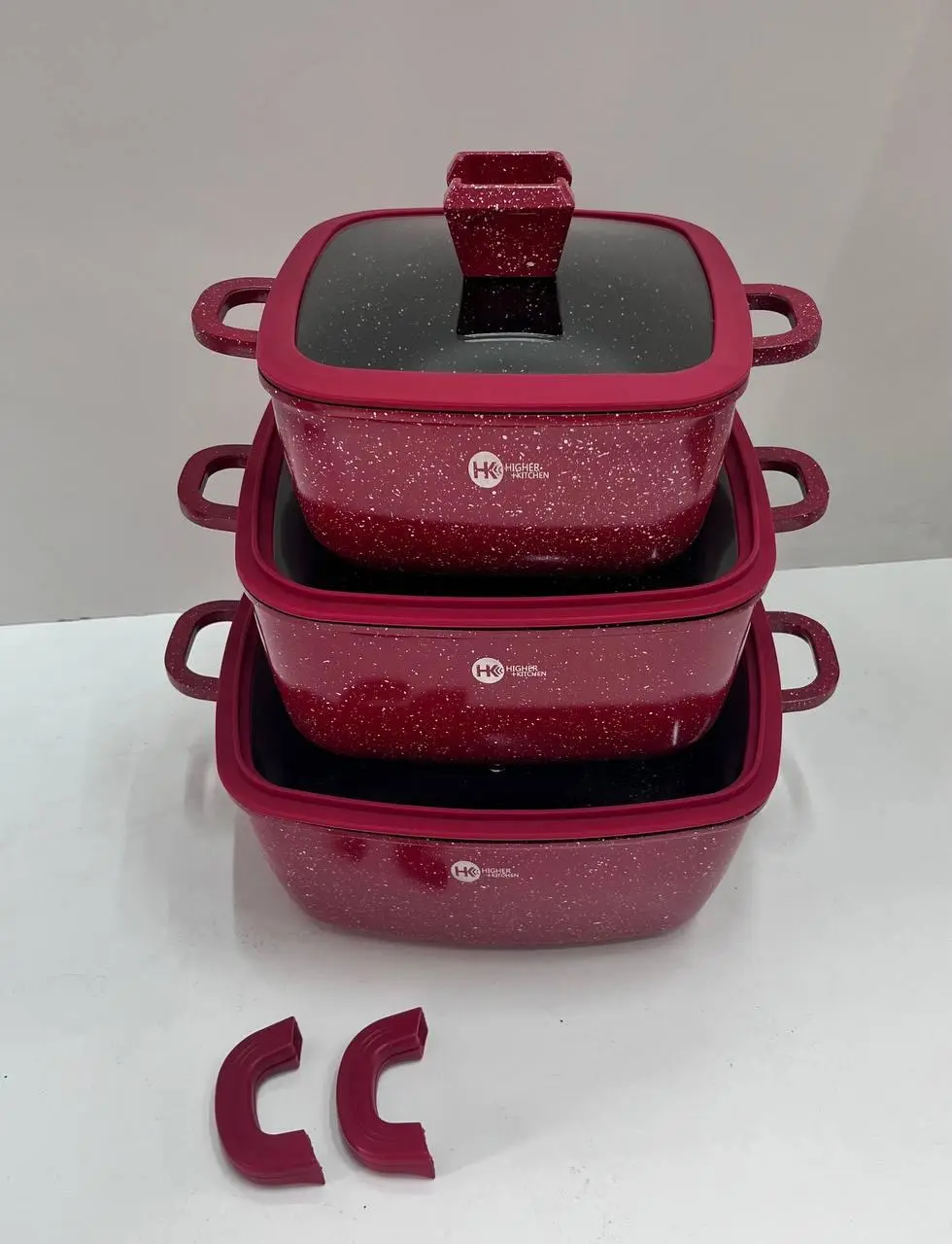 Набор квадратных кастрюль Higher Kitchen HK-323, 3 шт, гранитное антипригарное покрытие, силиконовые крышки, красный