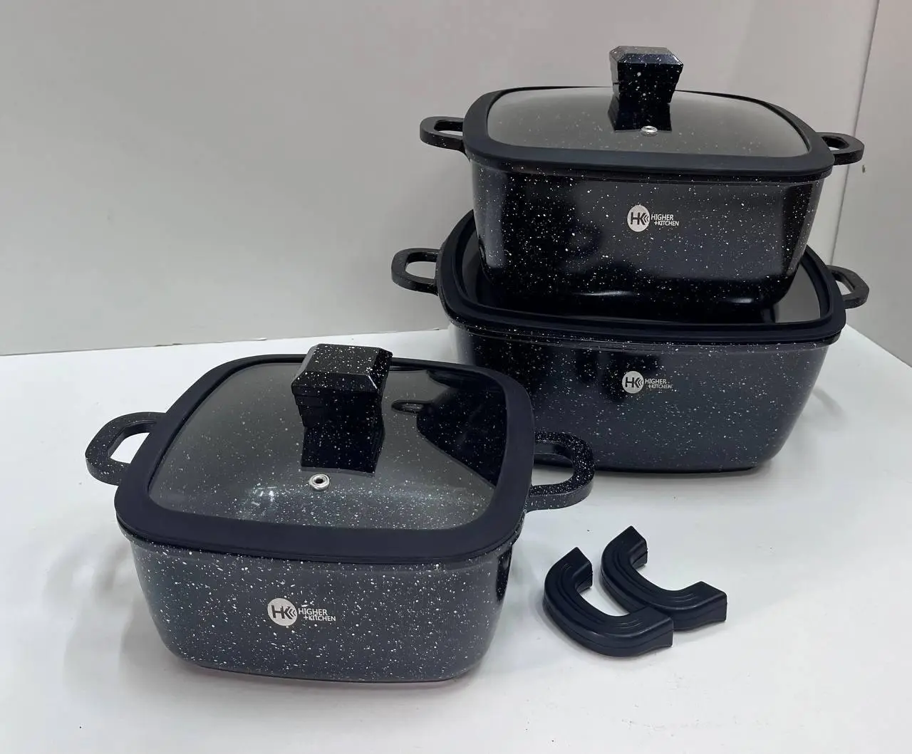 Набор квадратных кастрюль Higher Kitchen HK-323 черный, силиконовые крышки, 5-слойное дно