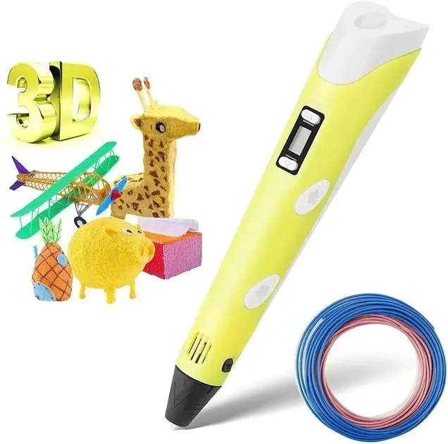 3D-ручка 3Dpen для дитячої творчості з LCD екраном, повний набір, пластик, жовта