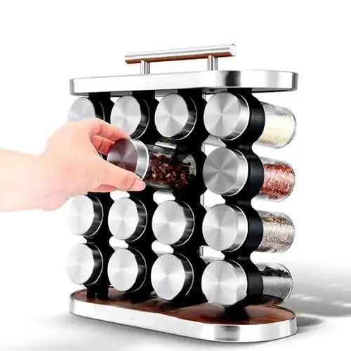 Spice rack carousel set, 16 jars, stainless steel and wood