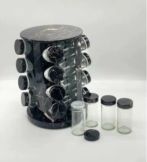 Spice organizer Marble BLACK, set of 16 jars