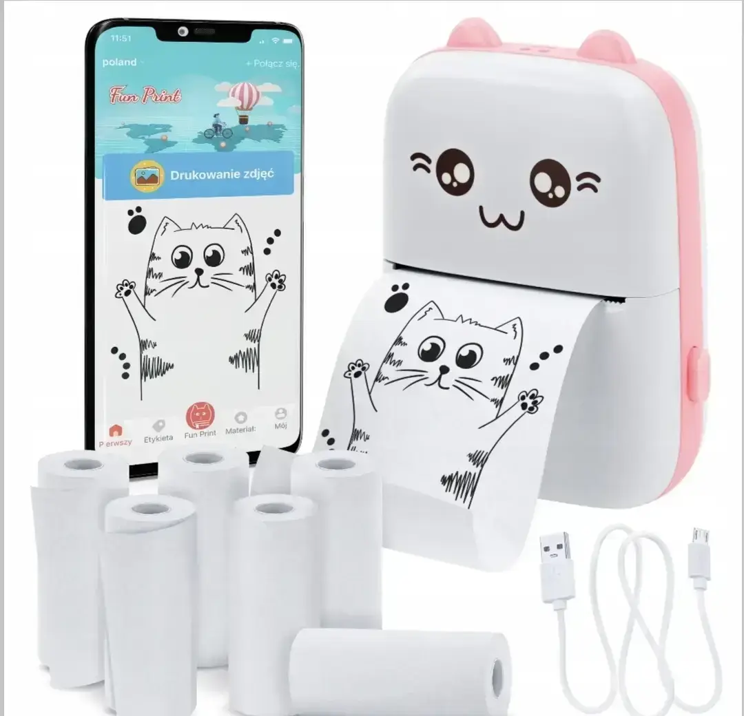 Portable thermal mini printer Mini Printer, kids, pink, 1 paper roll
