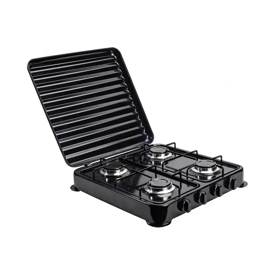 Tabletop gas stove 4 burners with lid Rainberg RB-2227, black, LPG cylinder