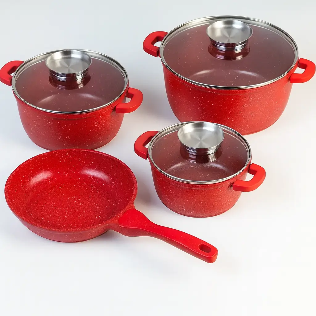 Набір посуду Bellmax Cookware BM-120 з гранітним антипригарним покриттям, червоний, 9 предметів