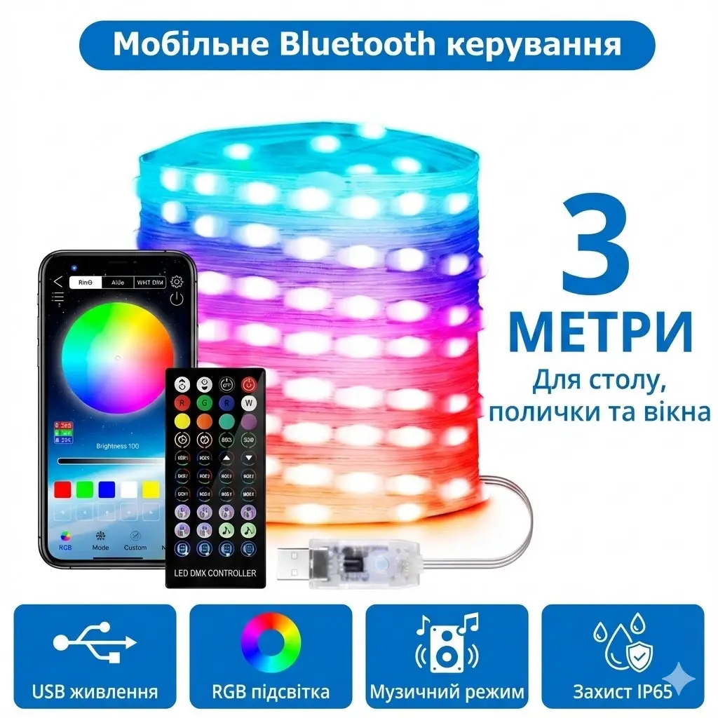 Smart Bluetooth LED Garland RGB, Music, 3m, USB, IP65