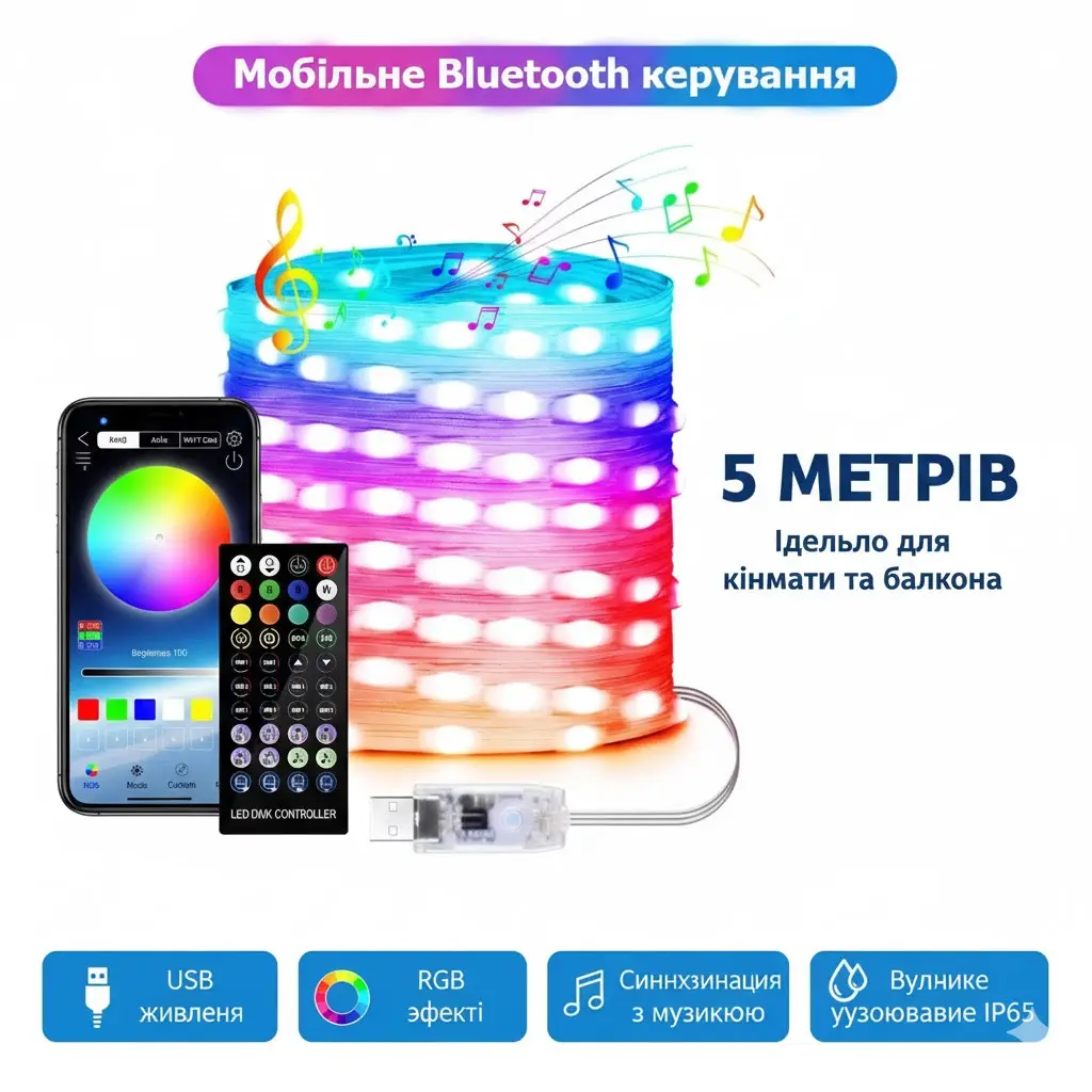 Outdoor Smart LED String Lights 5m Bluetooth RGB Music USB IP65
