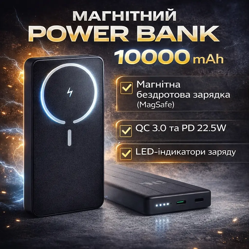 Павербанк King Power WPG-104 Magnetic 10000 мАг, бездротова зарядка MagSafe, QC 3.0 / PD 22.5W