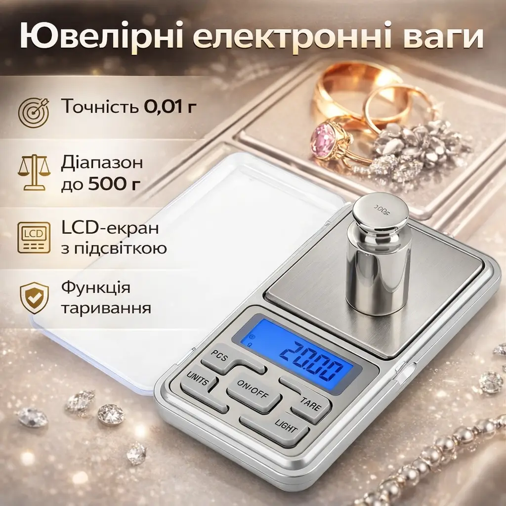 Jewelry Electronic Scale up to 500g, 0.01g accuracy, backlit LCD, for gold, gemstones and small items