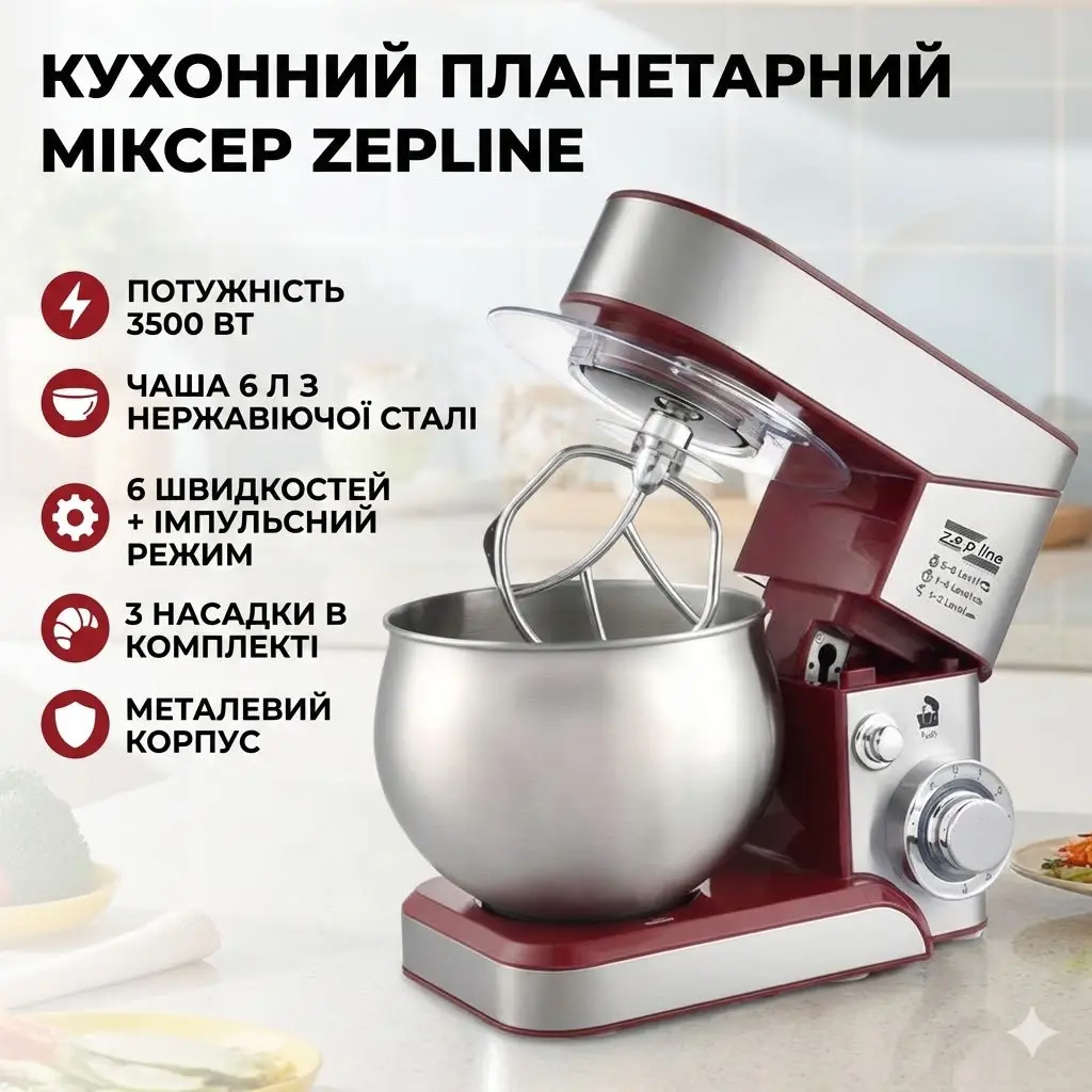 Stand mixer Zepline ZP-105 planetary dough mixer, metal bowl, 3500 W