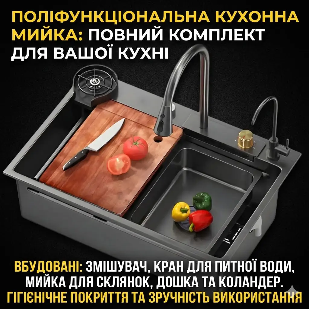 Кухонная мойка RK из нержавеющей стали 75×46 см, выдвижной смеситель, 3 режима «Водопад»