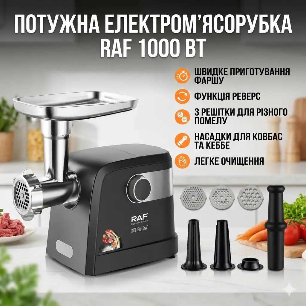 Мясорубка электрическая RAF R3362 1000 Вт с реверсом, 3 решетки, насадка для колбас и кеббе