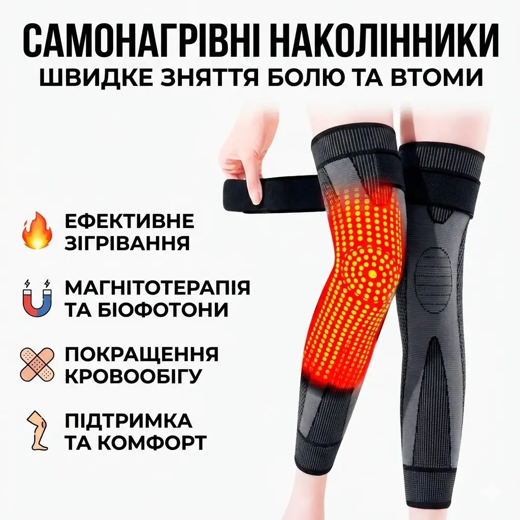 Наколінники з саморозігрівом та біофотонами, терапевтичні зігрівальні бандажі для колінних суглобів