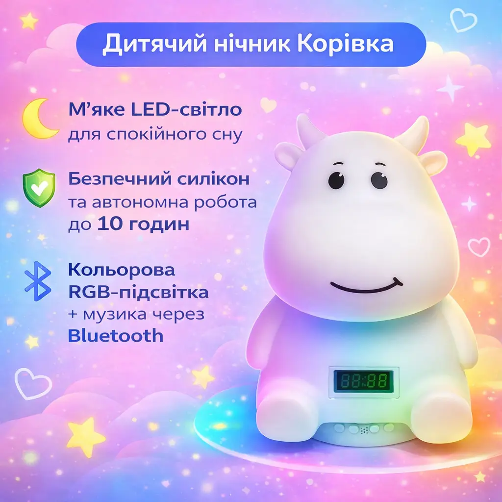Детский аккумуляторный ночник Коровка с LED-светом, RGB-подсветкой, встроенной Bluetooth-колонкой и электронными часами