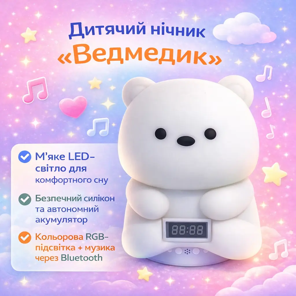 Детский ночник Мишка аккумуляторный, с Bluetooth-колонкой, часами и RGB-подсветкой