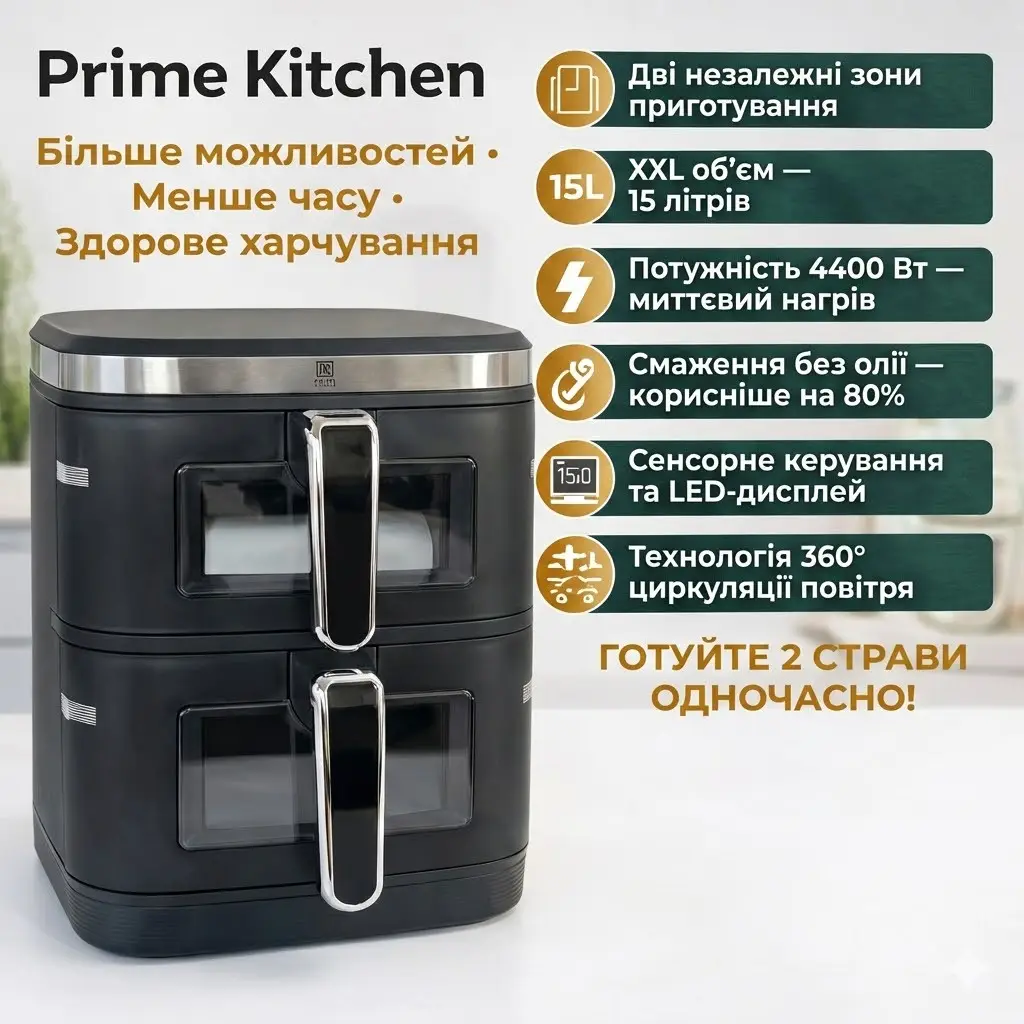Double Air Fryer Prime Kitchen AF960AP, 15 L, 4400 W, two independent chambers, digital control