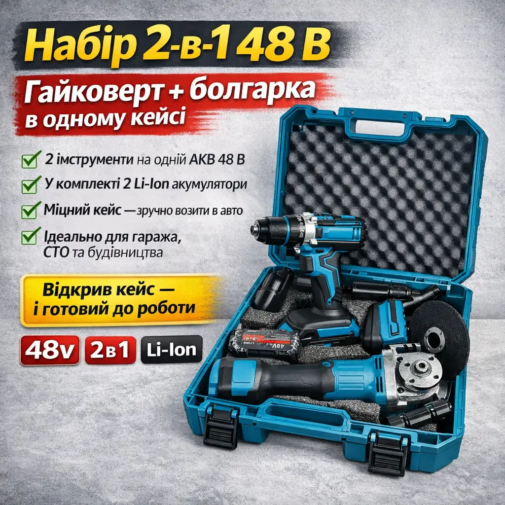 Набор 2в1 Jitrex X331: аккумуляторный гайковёрт + угловая шлифмашина, 48V, Li-Ion, 2 аккумулятора, кейс, синий