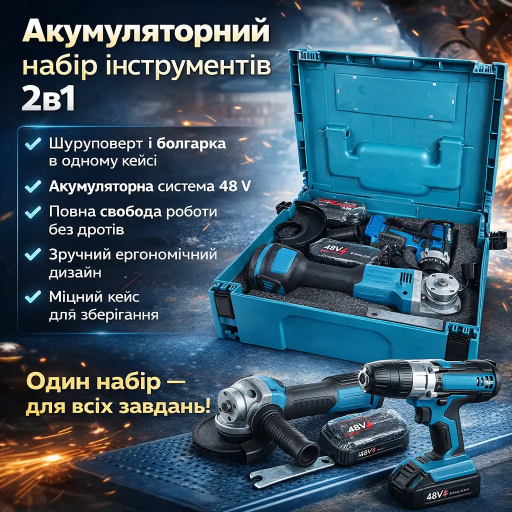 Аккумуляторный набор X332, 2в1 (шуруповерт + угловая шлифмашина), 48V, в кейсе, синий