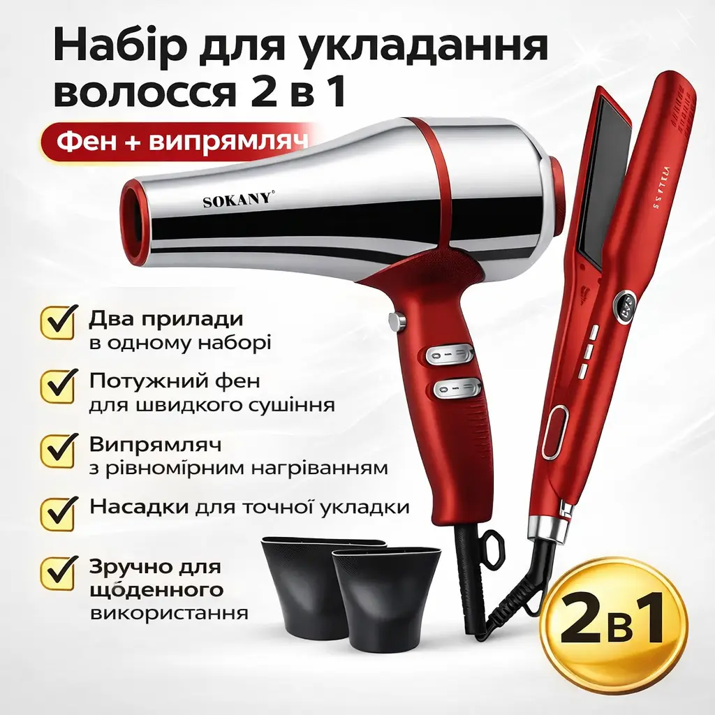 Набор для укладки волос SK-14035, 2в1 (утюжок + фен), 3600Вт, 220°C, красный