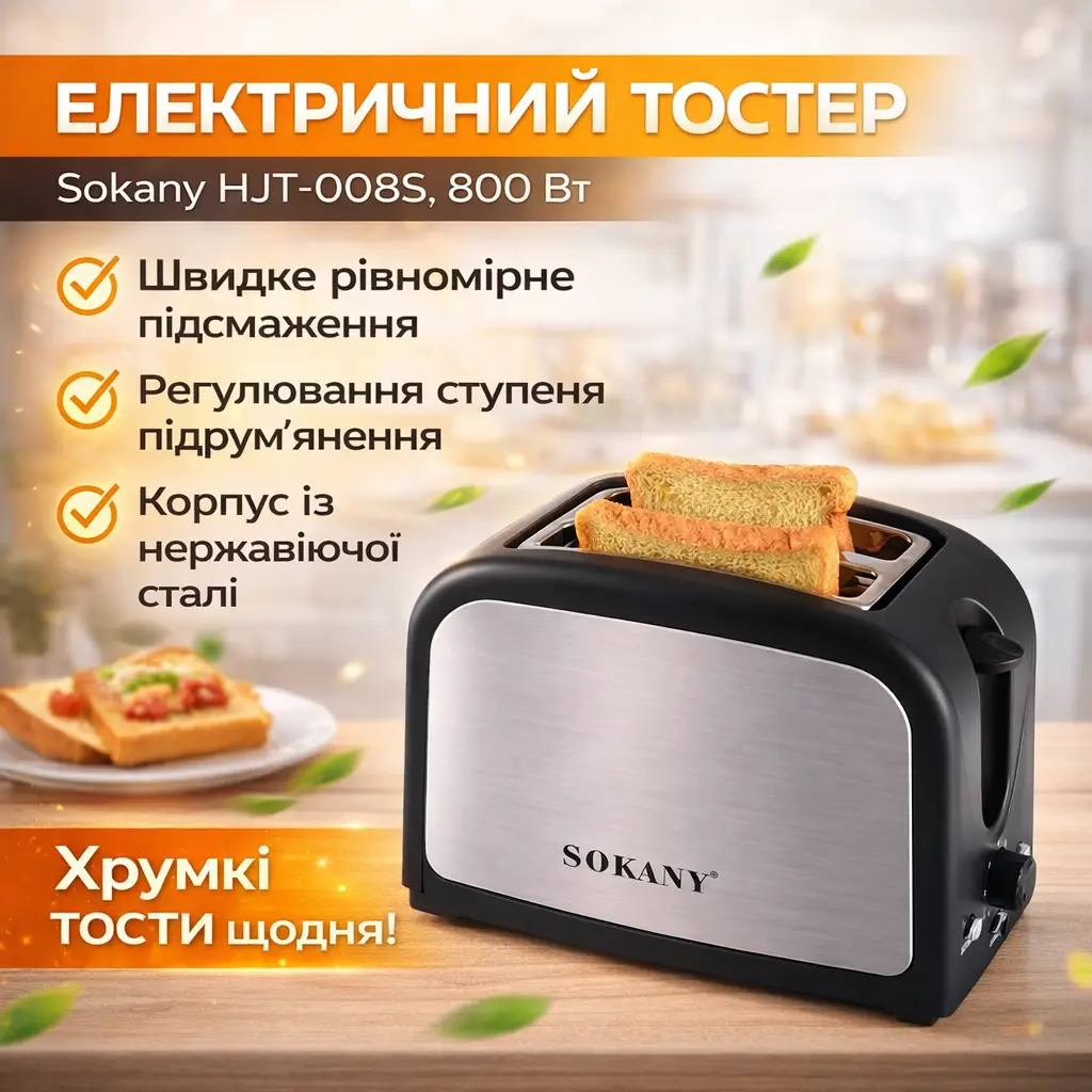 Тостер Sokany HJT-008S на 2 тоста, 800 Вт