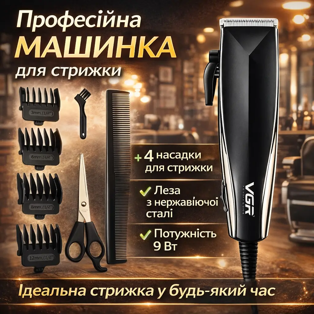 Професійна машинка для стрижки волосся VGR V-033 + 4 насадки, чоловічий тример