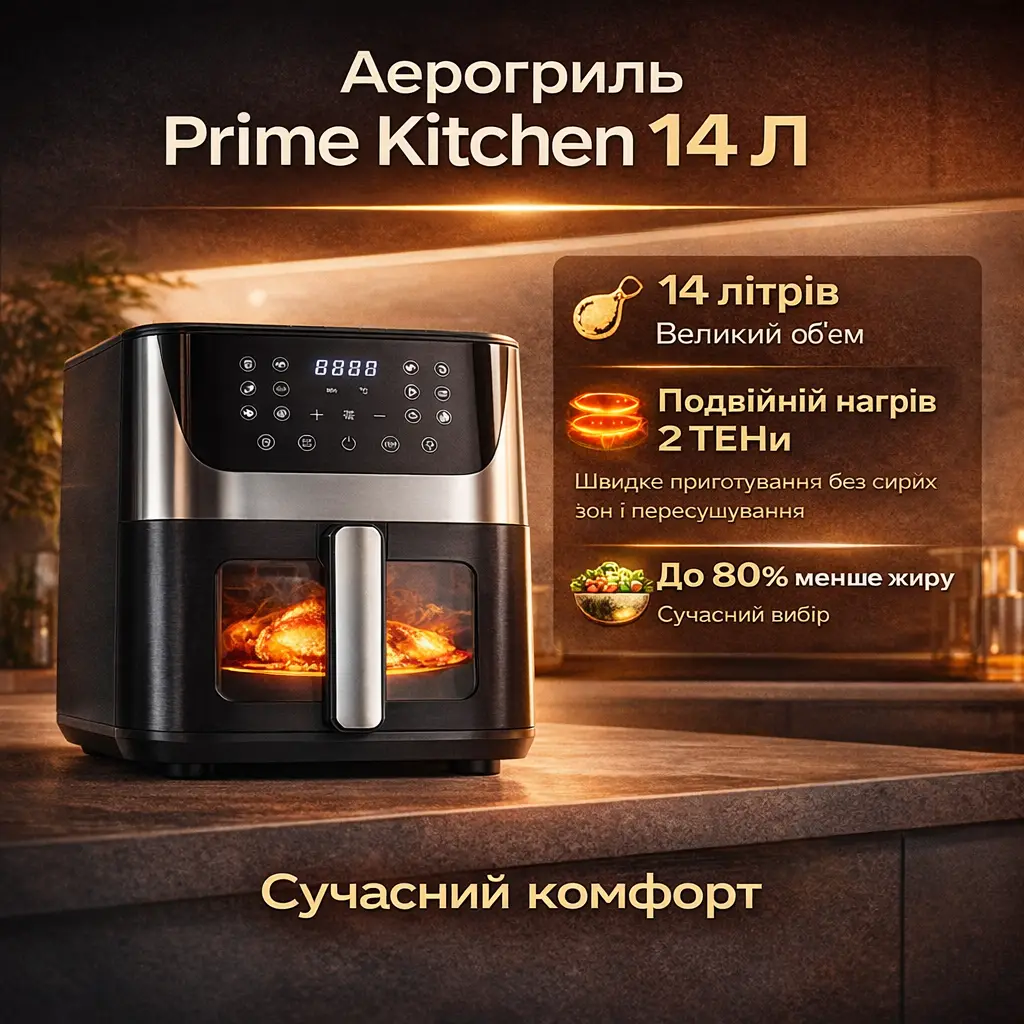 Аерогриль Prime Kitchen AF1012DT, 14 л, 2 ТЕНи, сенсорне керування, вікно огляду, 80–200°C