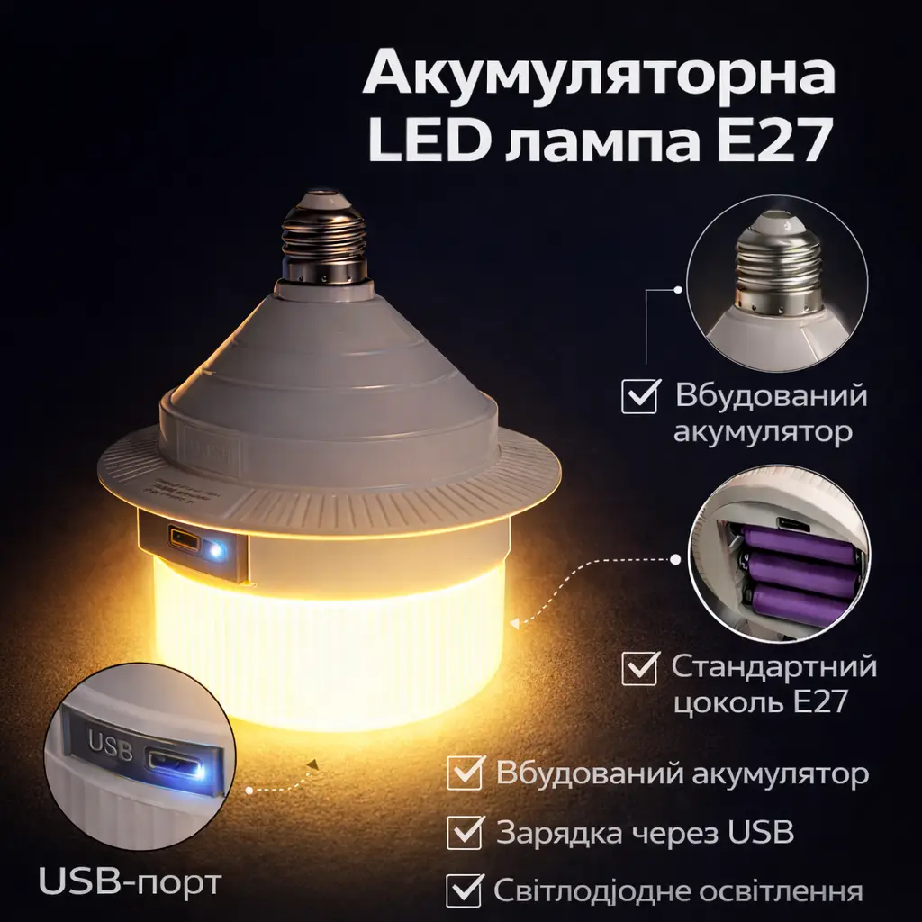 Лампочка акумуляторна LED 30W E27 з USB, на 3 акумулятори 18650, Z-989